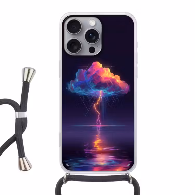 Donderwolk - Bliksemschicht - Licht - Blauw Hoesje iPhone 16 Pro Max met koord klein -3d