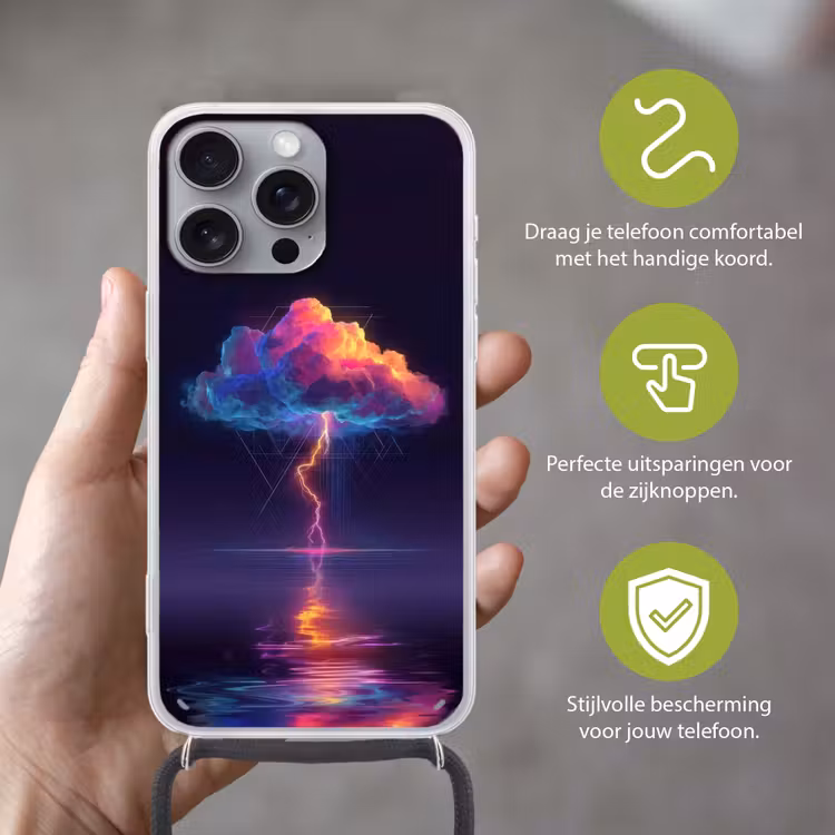 Donderwolk - Bliksemschicht - Licht - Blauw Hoesje iPhone 16 Pro Max met koord klein -sfeer2_NL