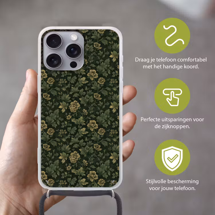 Donker - Groen - Goud - Botanisch Hoesje iPhone 16 Pro Max met koord klein 804 -sfeer2_NL