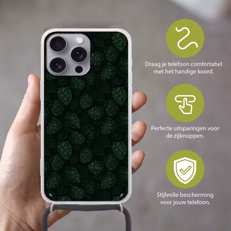 Donker - Groen - Hopbellen - Botanisch - Illustratie Hoesje iPhone 16 Pro Max met koord klein 804 -sfeer2_NL