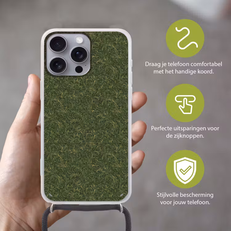 Donker - Groen - Krullend - Botanisch Hoesje iPhone 16 Pro Max met koord klein 804 -sfeer2_NL