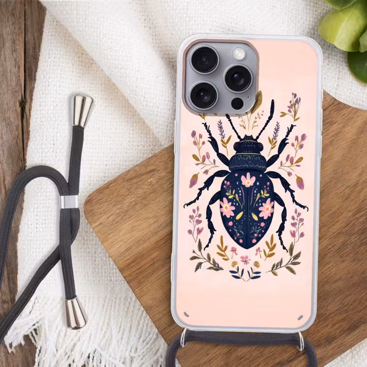 Donkerblauw - Kever - Bloemtakken - Sierlijk Hoesje iPhone 16 Pro Max met koord klein -sfeer4