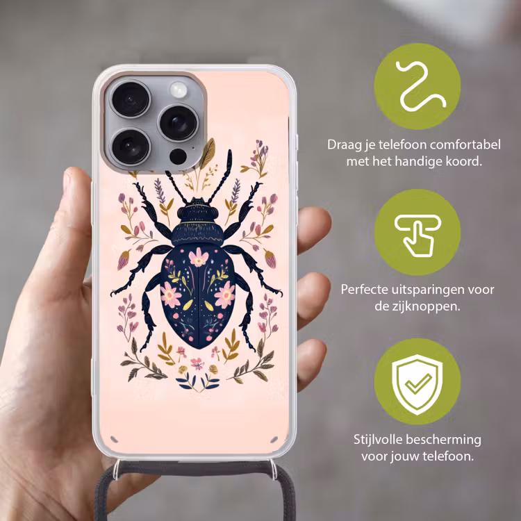 Donkerblauw - Kever - Bloemtakken - Sierlijk Hoesje iPhone 16 Pro Max met koord klein -sfeer2_NL