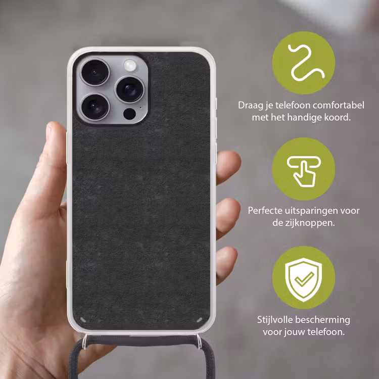 Donkergrijs - Asfaltstructuur - Ruw Hoesje iPhone 16 Pro Max met koord klein 804 -sfeer2_NL