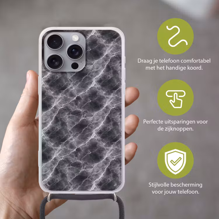 Donkergrijs - Bliksem - Marmer Hoesje iPhone 16 Pro Max met koord klein 804 -sfeer2_NL