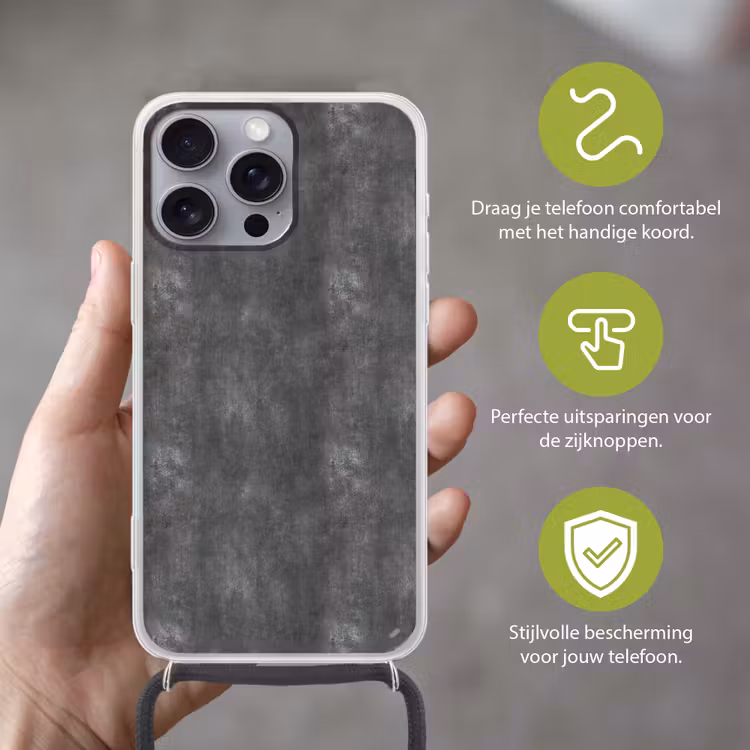 Donkergrijs - Ruw - Beton Hoesje iPhone 16 Pro Max met koord klein 804 -sfeer2_NL