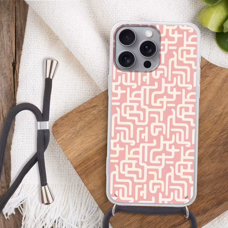 Doolhofpatroon - Roze - Wit - Abstract Hoesje iPhone 16 Pro Max met koord klein 804 -sfeer4