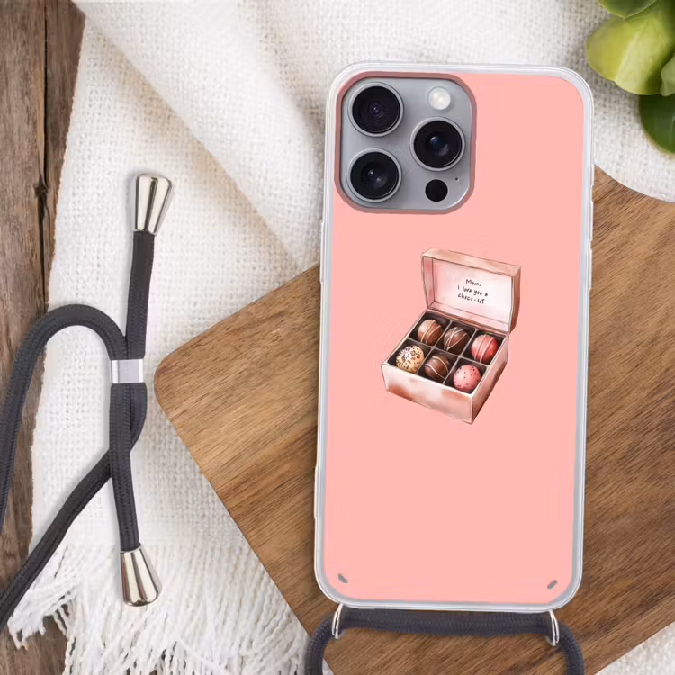 Doosje - Bonbons - Liefdevolle - Tekst Hoesje iPhone 16 Pro Max met koord klein -sfeer4