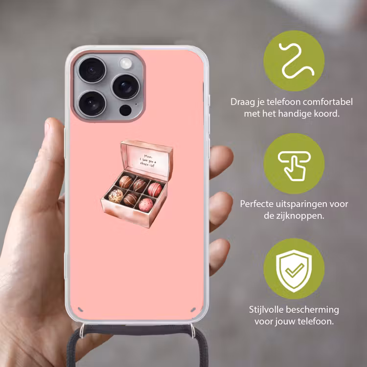 Doosje - Bonbons - Liefdevolle - Tekst Hoesje iPhone 16 Pro Max met koord klein -sfeer2_NL