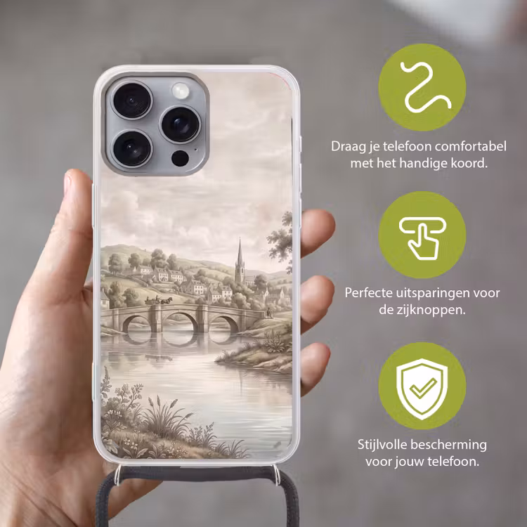Dorp - Brug - Uitzicht - Groen Hoesje iPhone 16 Pro Max met koord klein -sfeer2_NL