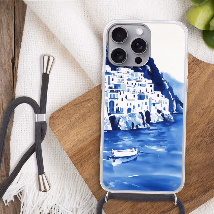 Dorp - Rotswand - Roeiboot - Water Hoesje iPhone 16 Pro Max met koord klein -sfeer4
