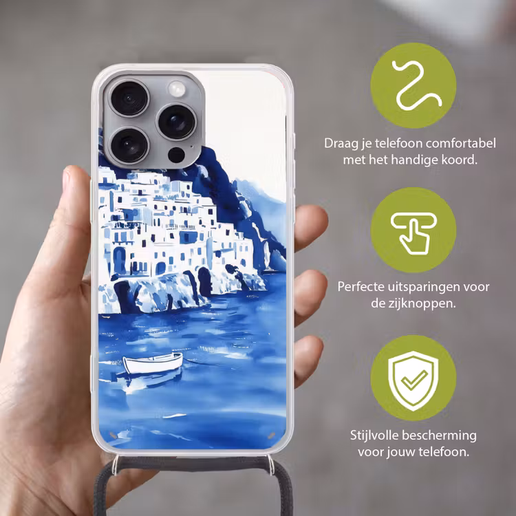 Dorp - Rotswand - Roeiboot - Water Hoesje iPhone 16 Pro Max met koord klein -sfeer2_NL