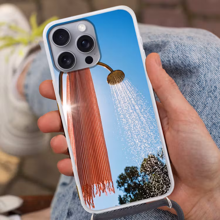 Douche - Water - Zomer - Blauw Hoesje iPhone 16 Pro Max met koord klein -sfeer3