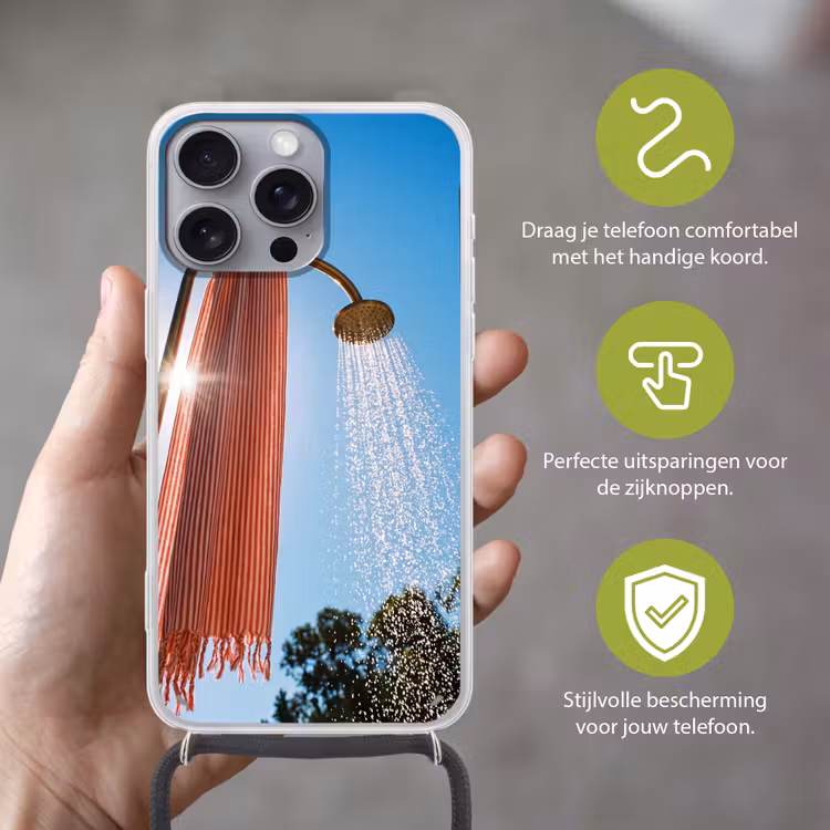 Douche - Water - Zomer - Blauw Hoesje iPhone 16 Pro Max met koord klein -sfeer2_NL