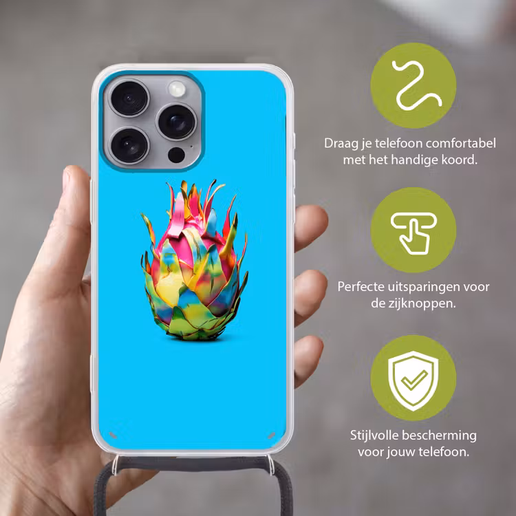 Drakenfruit - Blauw - Levendig Hoesje iPhone 16 Pro Max met koord klein -sfeer2_NL