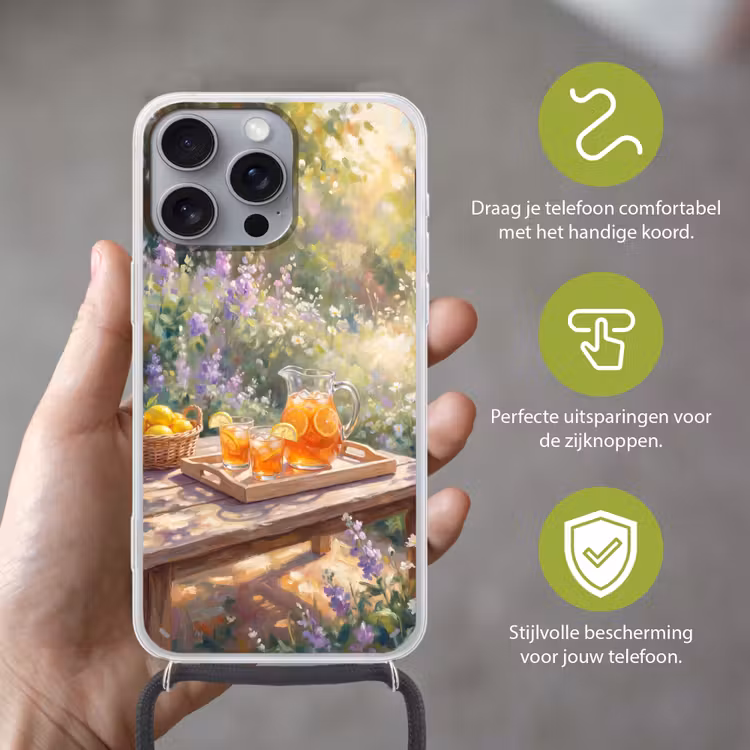 Drank - Citroen - Zomer - Tuin - Geel Hoesje iPhone 16 Pro Max met koord klein -sfeer2_NL