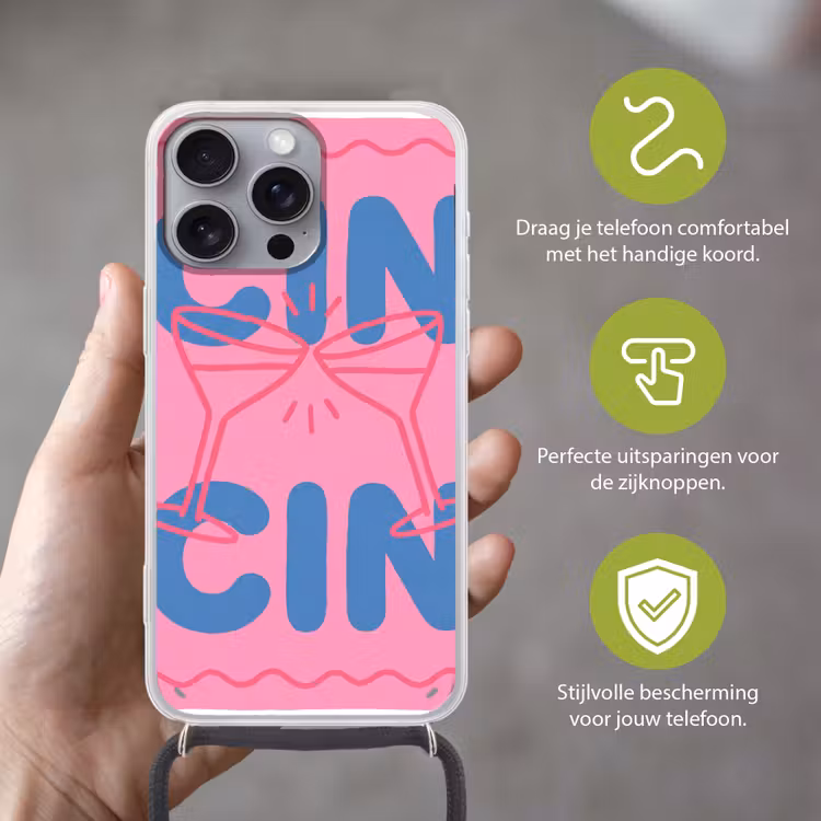 Drank - Glazen - Proost - Modern - Roze Hoesje iPhone 16 Pro Max met koord klein -sfeer2_NL