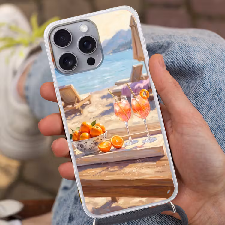 Drank - Glazen - Strand - Zomer - Oranje Hoesje iPhone 16 Pro Max met koord klein -sfeer3