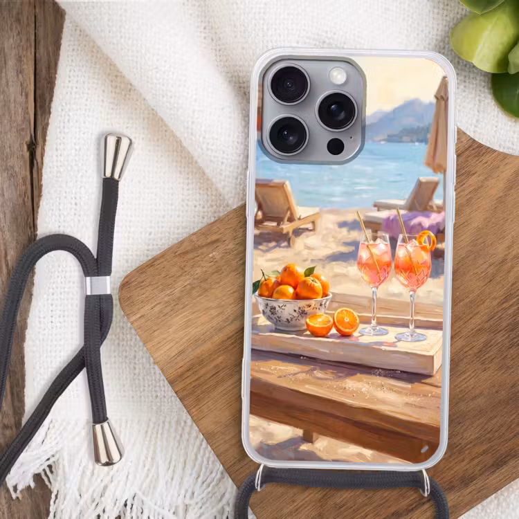 Drank - Glazen - Strand - Zomer - Oranje Hoesje iPhone 16 Pro Max met koord klein -sfeer4