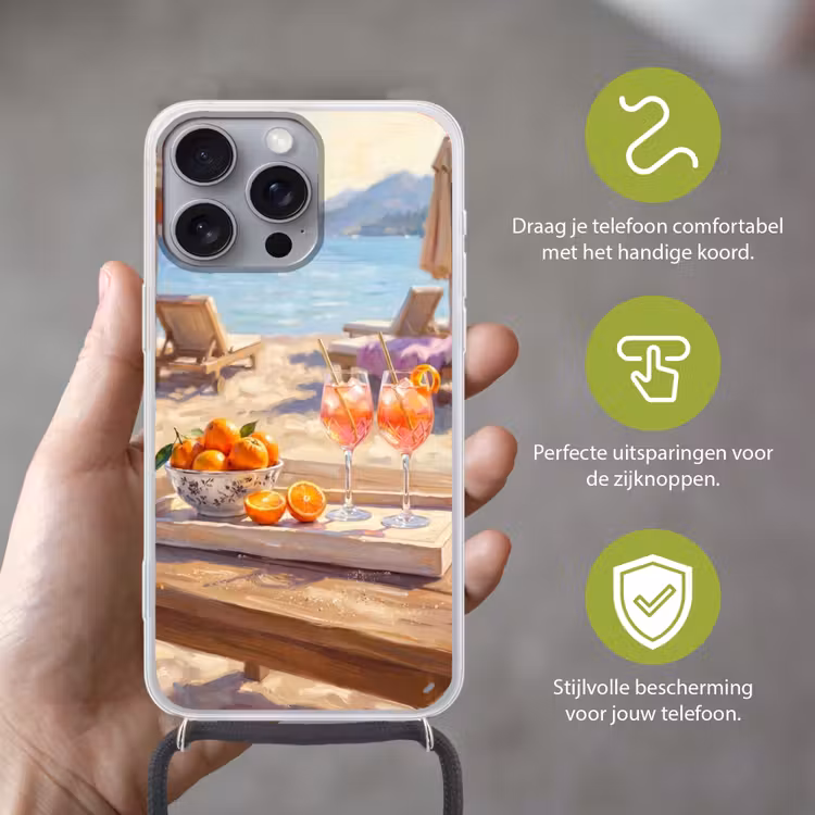 Drank - Glazen - Strand - Zomer - Oranje Hoesje iPhone 16 Pro Max met koord klein -sfeer2_NL