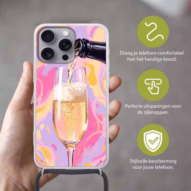 Drank - Inschenken - Feest - Abstract - Roze Hoesje iPhone 16 Pro Max met koord klein -sfeer2_NL