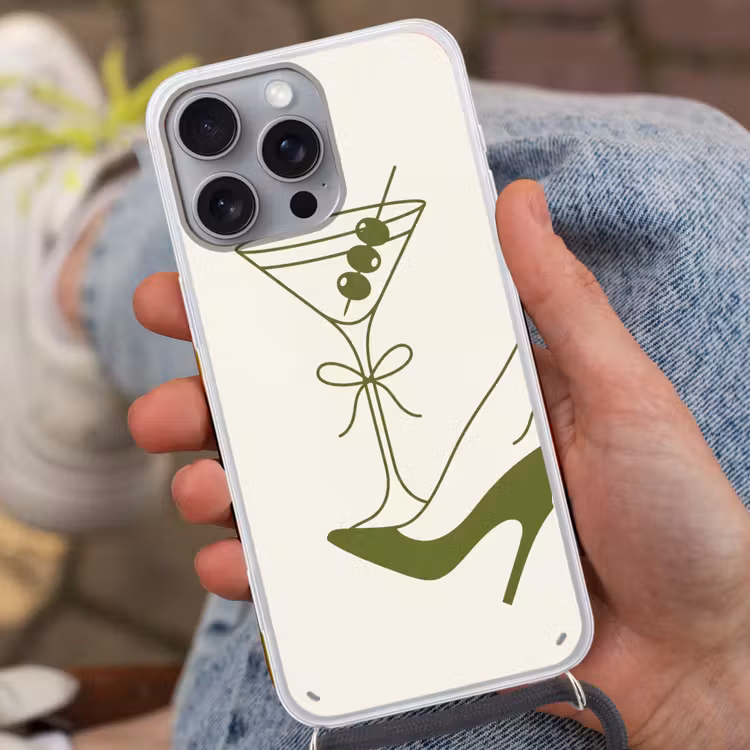 Drank - Martini - Hoge hak - Mode - Groen Hoesje iPhone 16 Pro Max met koord klein -sfeer3
