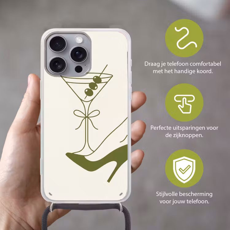 Drank - Martini - Hoge hak - Mode - Groen Hoesje iPhone 16 Pro Max met koord klein -sfeer2_NL