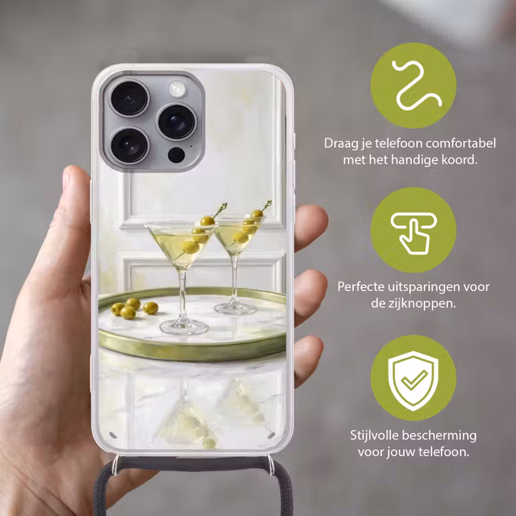 Drank - Martini - Olijven - Modern - Wit Hoesje iPhone 16 Pro Max met koord klein -sfeer2_NL