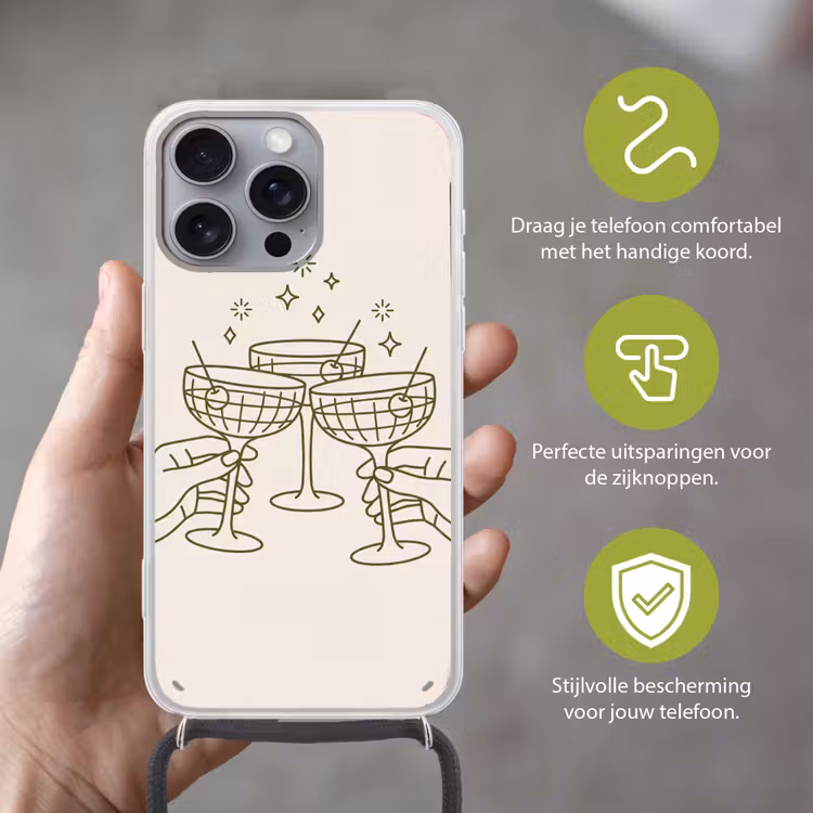 Drankjes - Feest - Proosten - Minimalistisch - Groen Hoesje iPhone 16 Pro Max met koord klein -sfeer2_NL