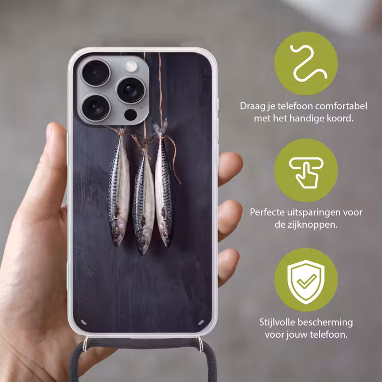 Telefoonhoesje met koord - Drie vissen - Touw - Drie vissen - Touw Hoesje iPhone 16 Pro Max met koord klein