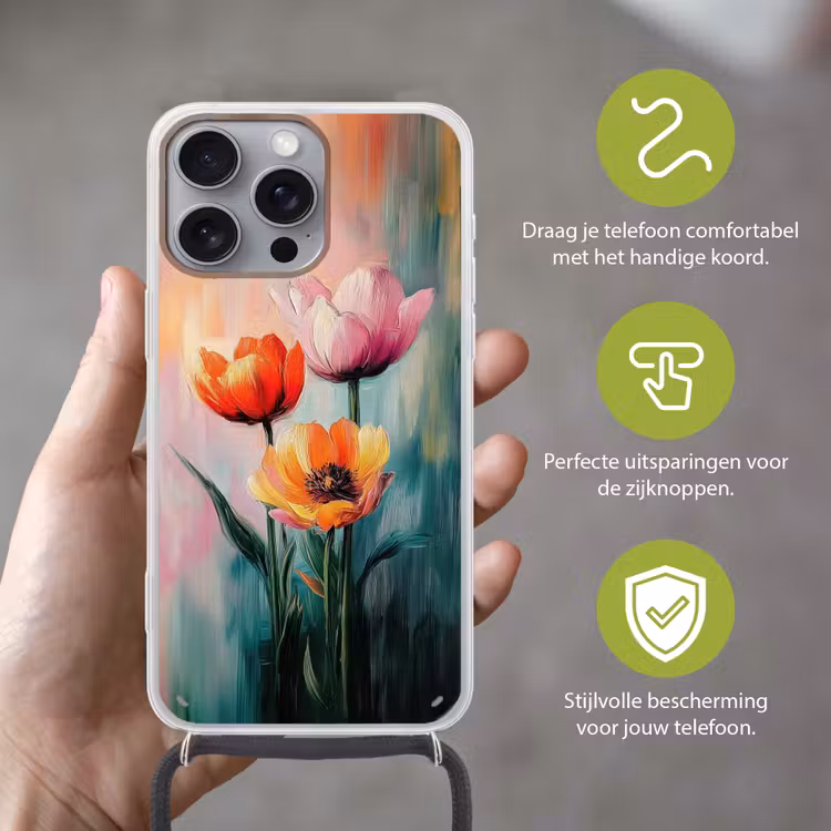 Dromerig - Bloemen - Verfijnde details Hoesje iPhone 16 Pro Max met koord klein -sfeer2_NL