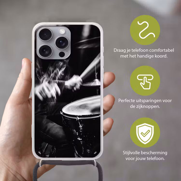 Drummer - Zwart - Drumstel Hoesje iPhone 16 Pro Max met koord klein -sfeer2_NL