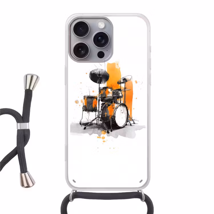 Drumstel - Oranje - Zwart - Aquarelverf Hoesje iPhone 16 Pro Max met koord klein -3d