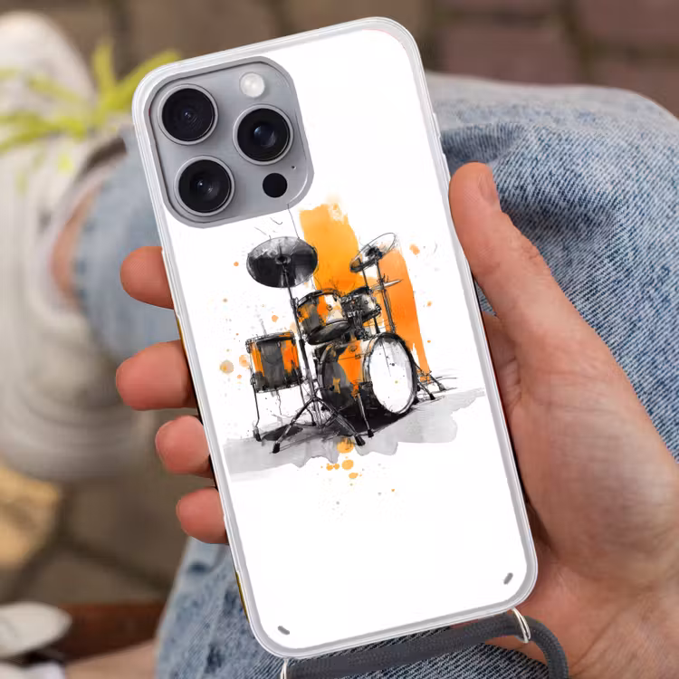 Drumstel - Oranje - Zwart - Aquarelverf Hoesje iPhone 16 Pro Max met koord klein -sfeer3