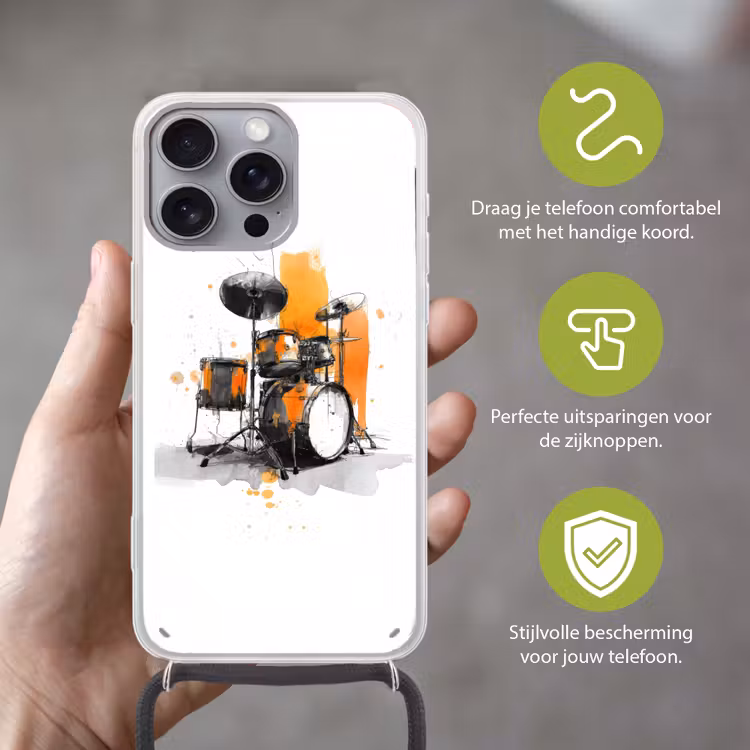 Drumstel - Oranje - Zwart - Aquarelverf Hoesje iPhone 16 Pro Max met koord klein -sfeer2_NL