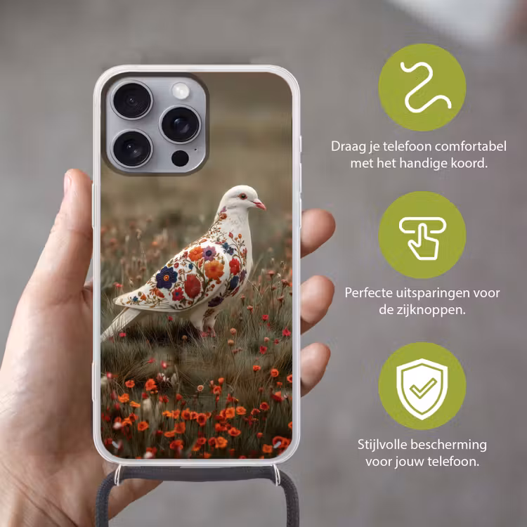 Duif - Bloemen - Natuur Hoesje iPhone 16 Pro Max met koord klein -sfeer2_NL
