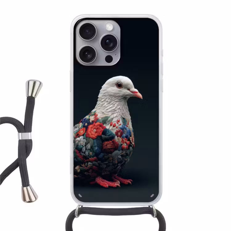 Duif - Bloemen - Wit - Zwart Hoesje iPhone 16 Pro Max met koord klein -3d