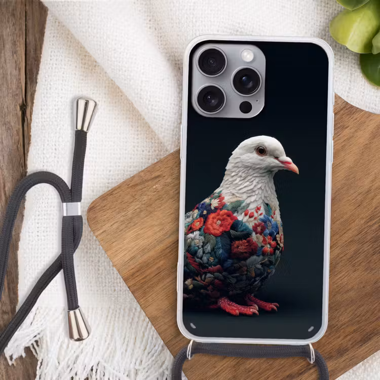 Duif - Bloemen - Wit - Zwart Hoesje iPhone 16 Pro Max met koord klein -sfeer4