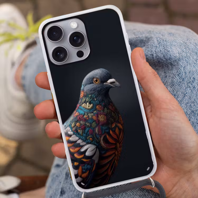 Duif - Bloemen - Zwart Hoesje iPhone 16 Pro Max met koord klein -sfeer3