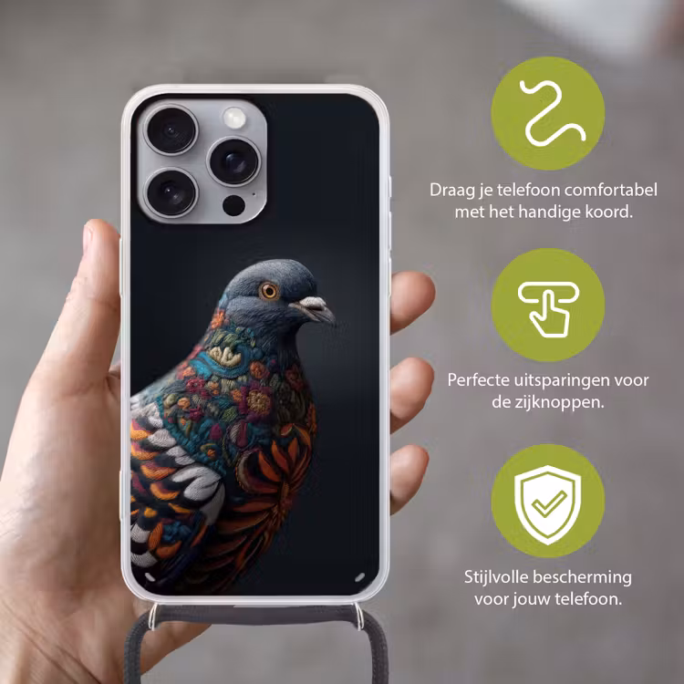 Duif - Bloemen - Zwart Hoesje iPhone 16 Pro Max met koord klein -sfeer2_NL