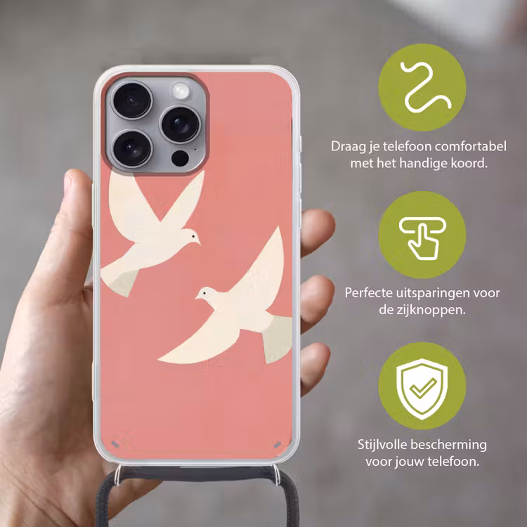 Duiven - Wit - Sierlijk Hoesje iPhone 16 Pro Max met koord klein -sfeer2_NL