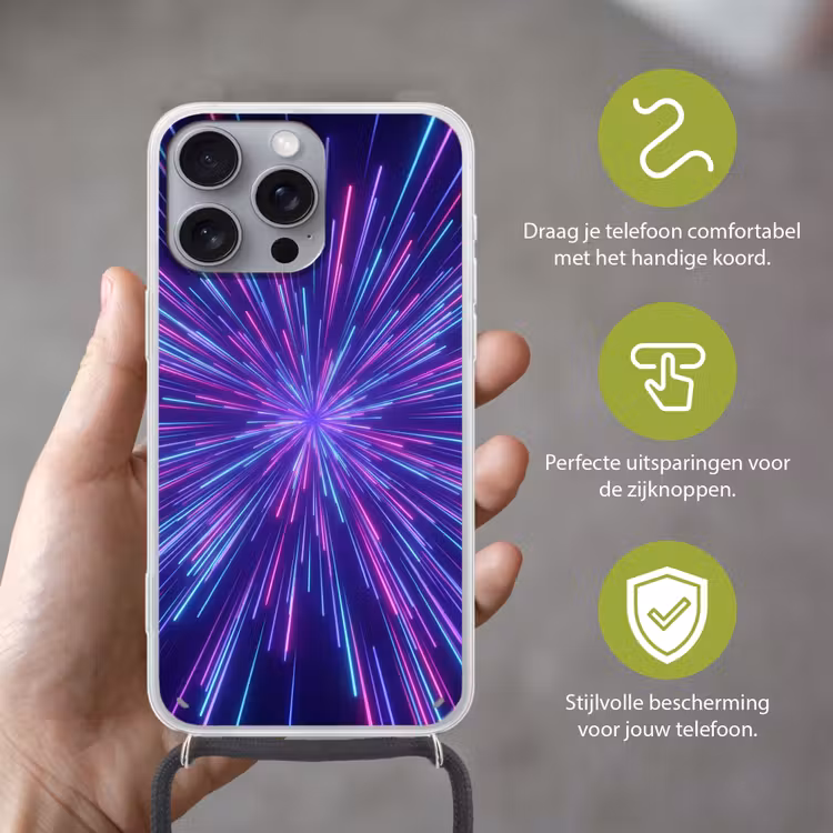 Dynamisch - Ruimte - Kleurrijk Hoesje iPhone 16 Pro Max met koord klein -sfeer2_NL