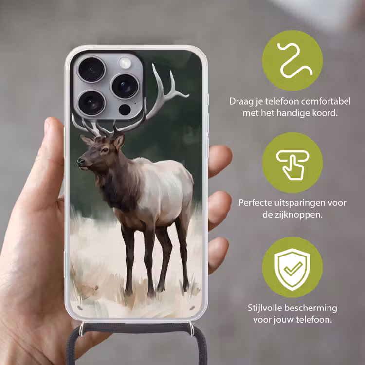 Edelhert - Gewei - Schildering - Rustiek Hoesje iPhone 16 Pro Max met koord klein -sfeer2_NL