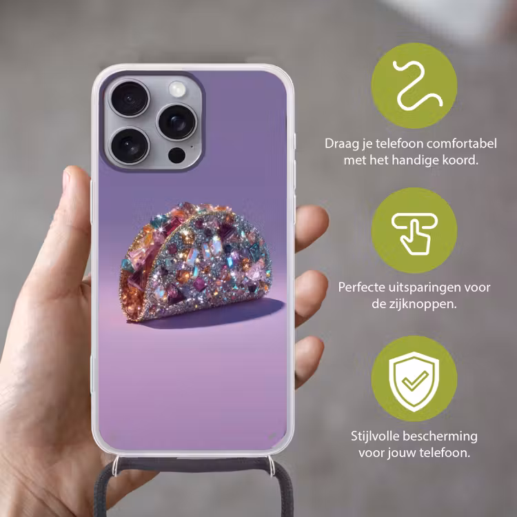 Edelstenen - Glitters - Paars - Kleurrijk Hoesje iPhone 16 Pro Max met koord klein -sfeer2_NL