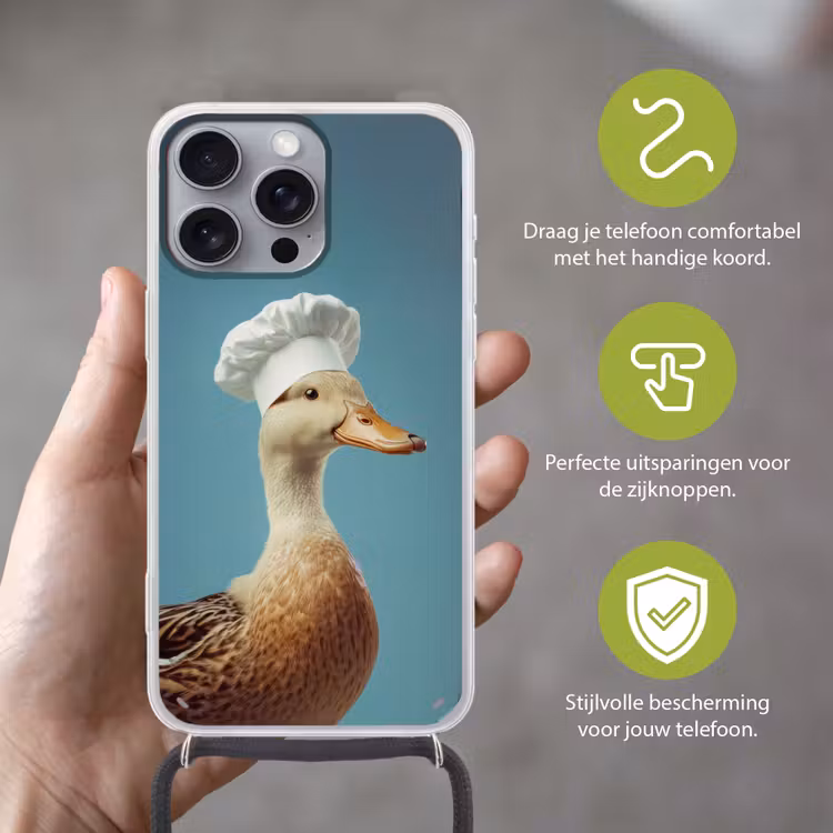 Eend - Koksmuts - Cute - Vogel Hoesje iPhone 16 Pro Max met koord klein -sfeer2_NL