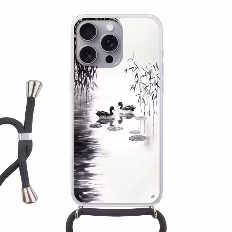 Eenden - Waterlelies - Riet - Zwart Hoesje iPhone 16 Pro Max met koord klein -3d