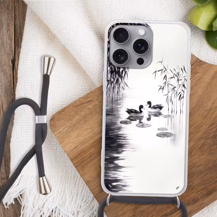 Eenden - Waterlelies - Riet - Zwart Hoesje iPhone 16 Pro Max met koord klein -sfeer4