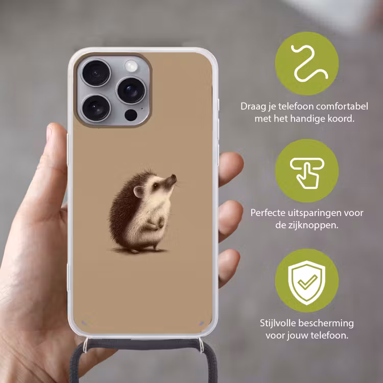 Egel - Snuitje - Bruin - Stekels Hoesje iPhone 16 Pro Max met koord klein -sfeer2_NL