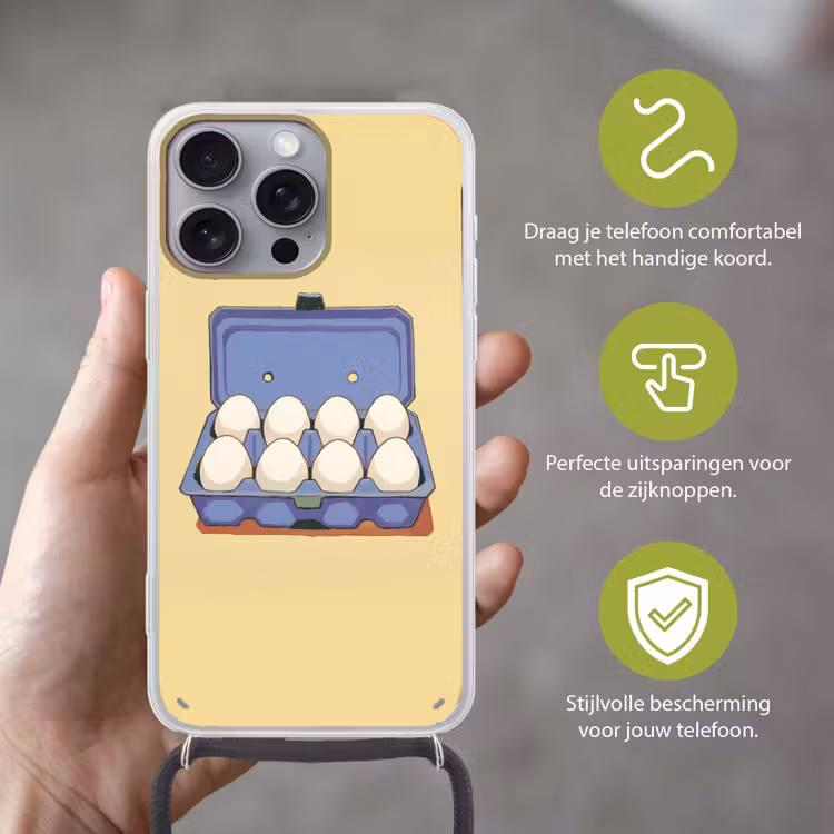 Eieren - Doos - Minimalistisch - Blauw Hoesje iPhone 16 Pro Max met koord klein -sfeer2_NL