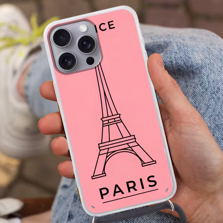 Eiffeltoren - Parijs - Architectuur - Minimalistisch - Roze Hoesje iPhone 16 Pro Max met koord klein -sfeer3